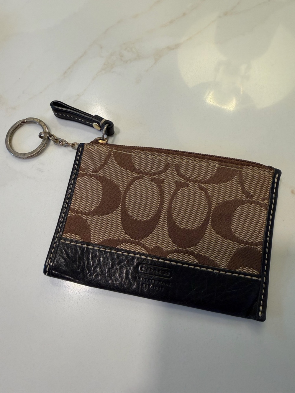 Coach Brown Signature Canvas Key & Card Holder with Black Leather Trim
